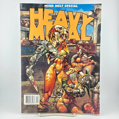 Heavy Metal magazine cover with woman in futuristic battle armor in fight scene under large yellow title. 