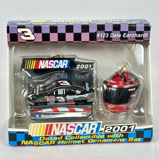 NASCAR collectible set with car and helmet ornament in packaging