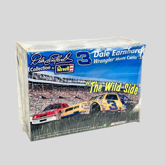 Model car kit packaging featuring Dale Earnhardt and Wrangler branding on a white background