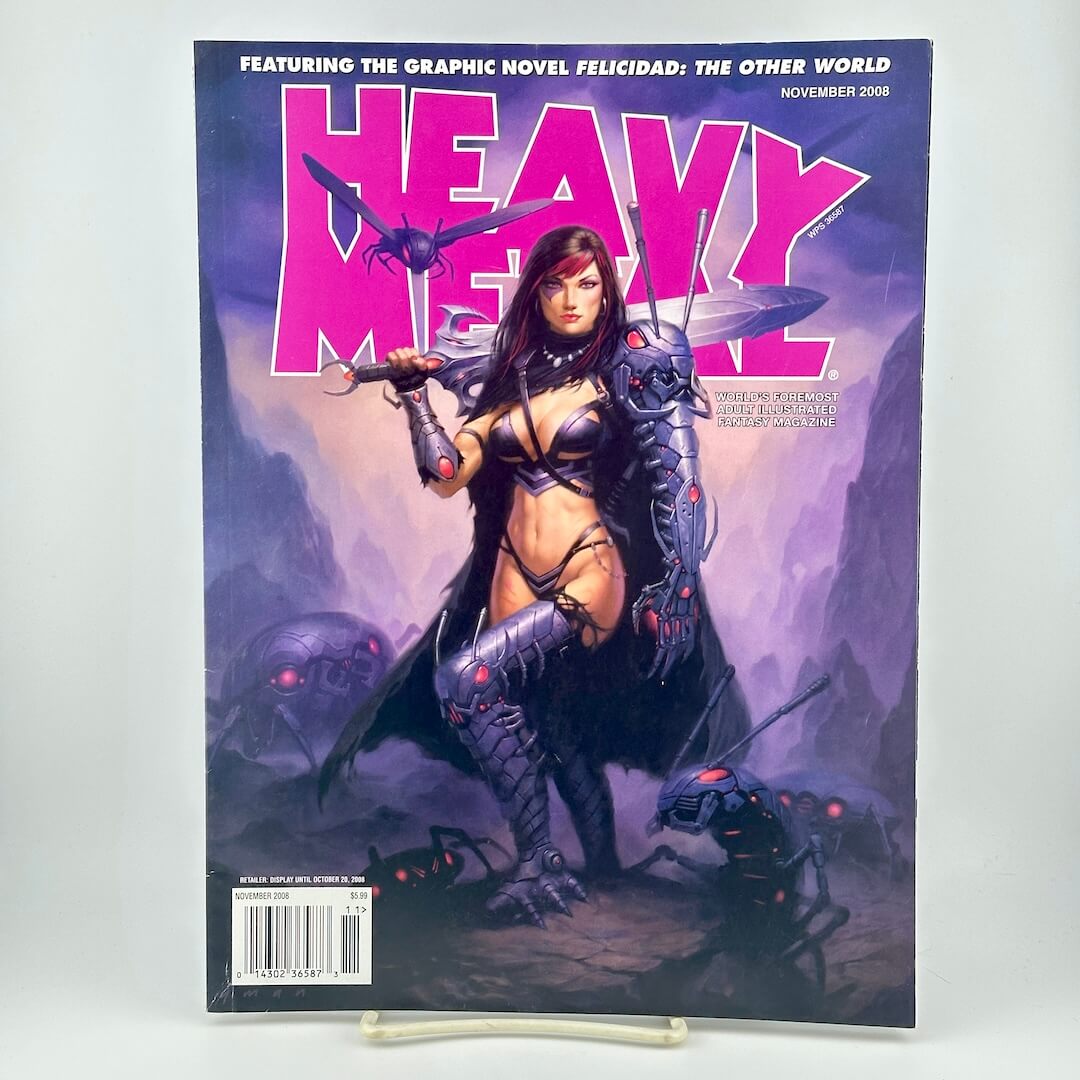 Heavy Metal magazine cover with woman in small, futuristic battle armor surrounded by mechanical insects. 