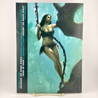 Back cover of magazine with illustration of woman in bikini in tree, holding a vine. 