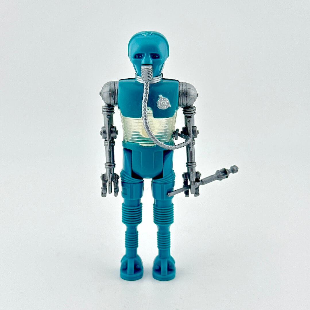 Blue robot figure on a white background