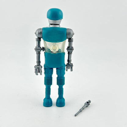 Blue robot figure with a white light bulb inside on a white background