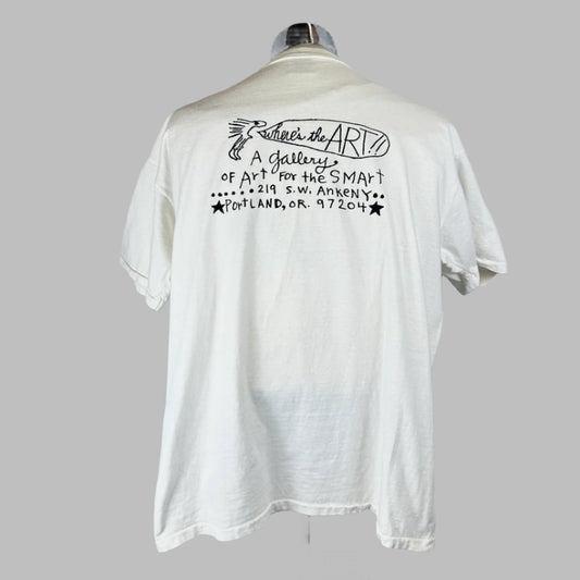 Back of white t-shirt with black text in handwriting style for art gallery in Portland.