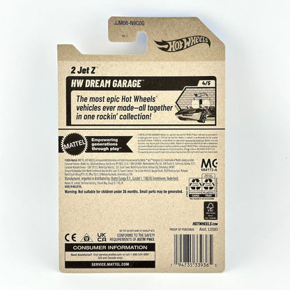 Back of a Hot Wheels carded packaging blister card for the 2 Jet Z Mattel toy, featuring logo, & product description.