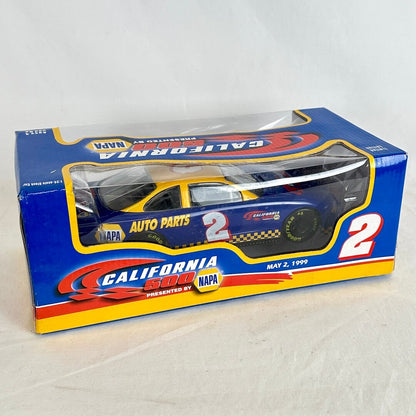 A blue and yellow California 500 #2 NAPA Auto Parts diecast car in its original packaging. 