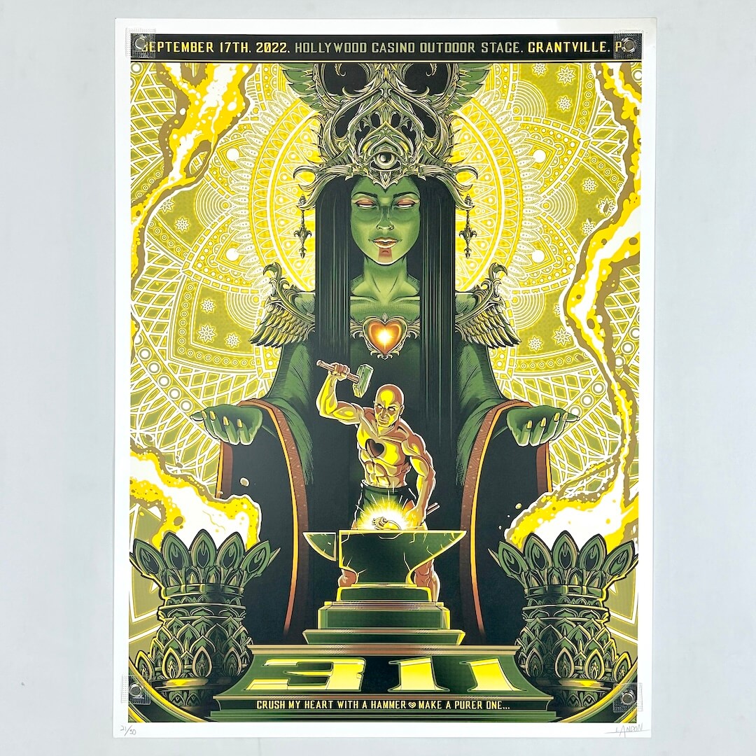 Decorative poster with green and yellow design featuring a central figure and intricate patterns.