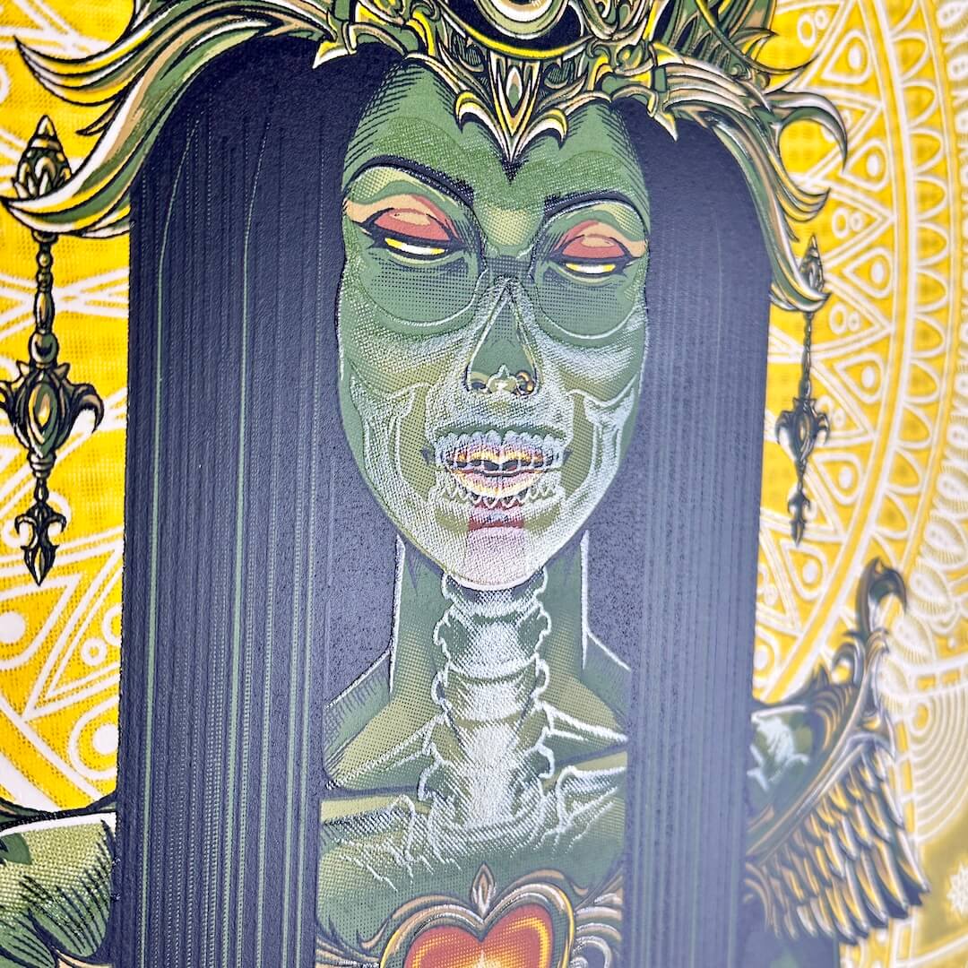 Artistic depiction of a green-skinned figure with long hair against a yellow and black patterned background