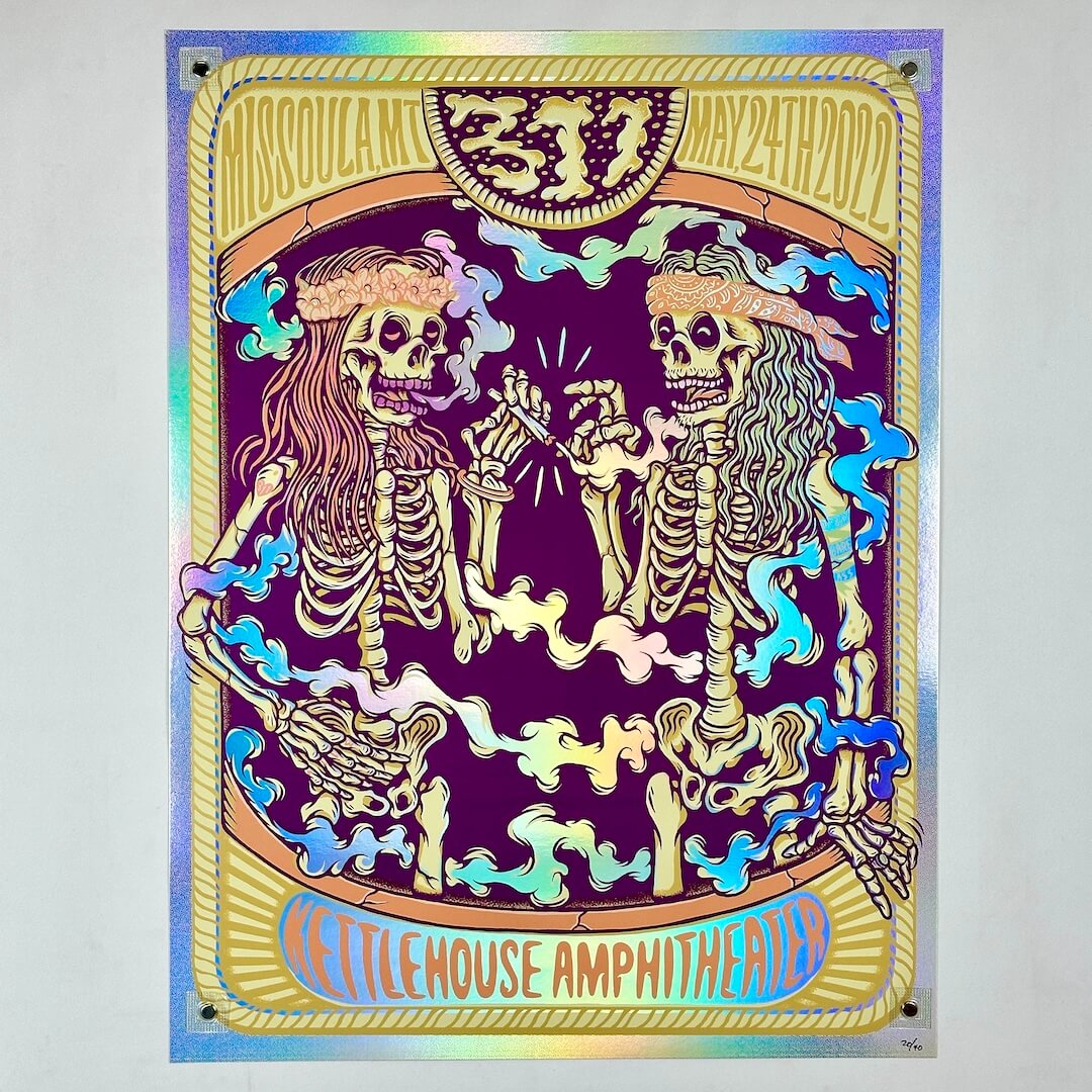 Colorful poster with skeletons and text on a white background