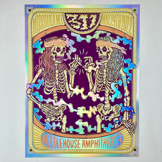 Colorful poster with skeletons and text on a white background