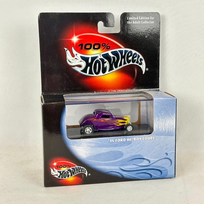 A Hot Wheels 1964 Ford Hi-Roar Coupe diecast toy car in its original packaging, featuring a purple body with flame decals.