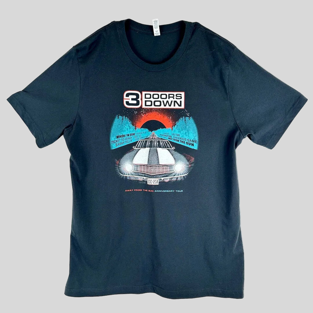 A black short-sleeve t-shirt with a graphic print on the front, featuring the text '3 DOORS DOWN' above an illustration.