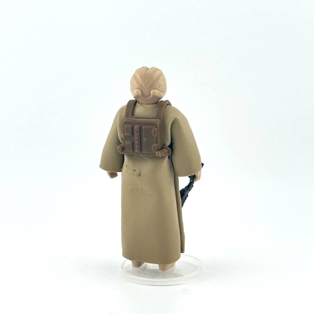 Figurine of a character in a long coat with a backpack on a white background