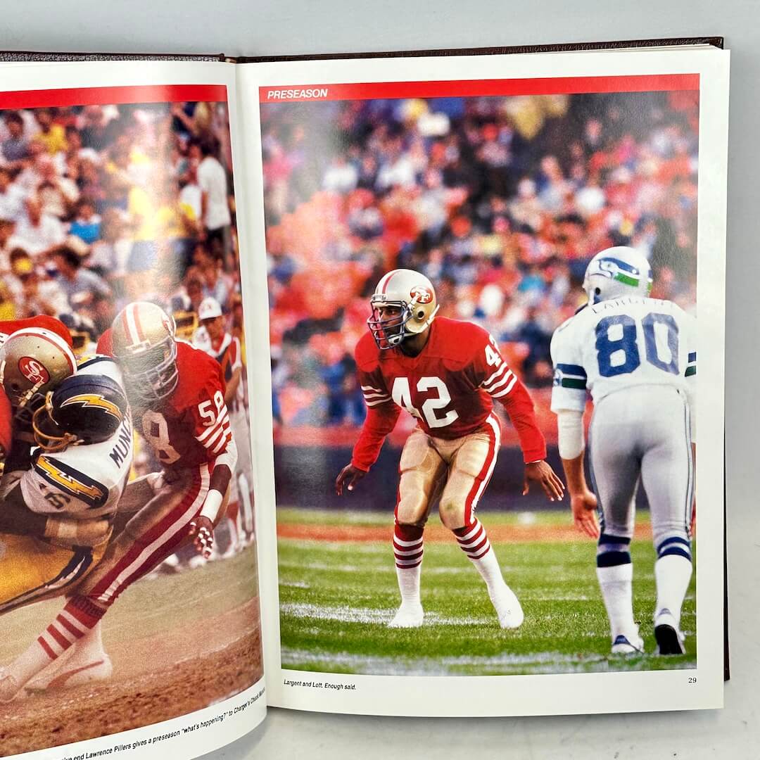 Open book showing a page with a football player in a red jersey on a field.