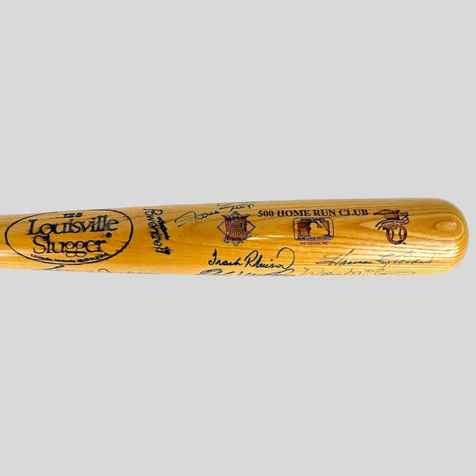Wooden baseball bat with burned in text and multiple signatures. 