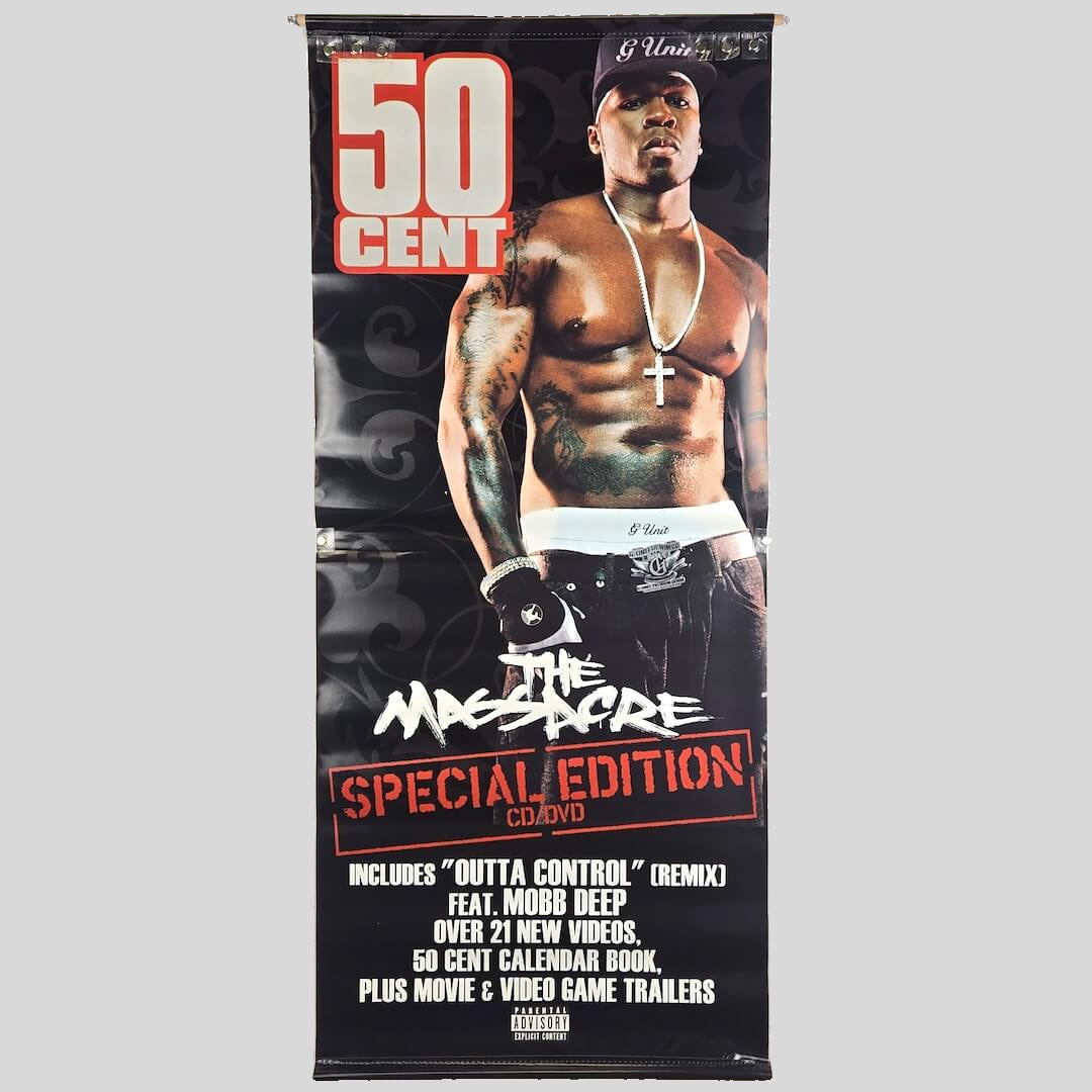 Promotional banner for 50 Cent's 'The Massacre Special Edition' on a white background