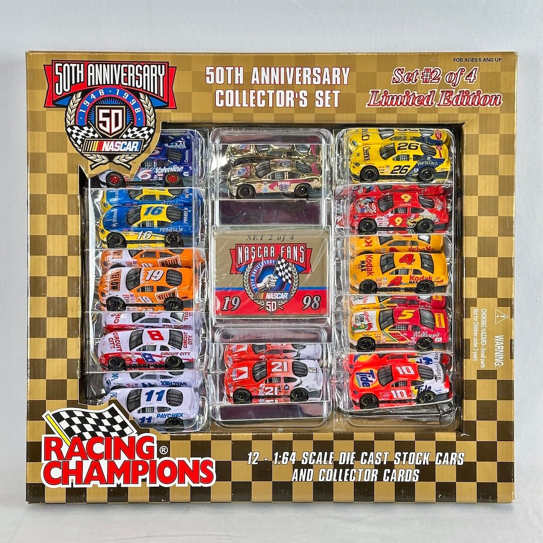 NASCAR 50th Anniversary Collector's Set box containing 12-1:64 scale die-cast stock cars and collector cards.