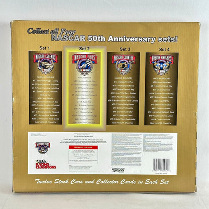 NASCAR 50th Anniversary collector card set box back view, showing four set panels and product details on a gold background.