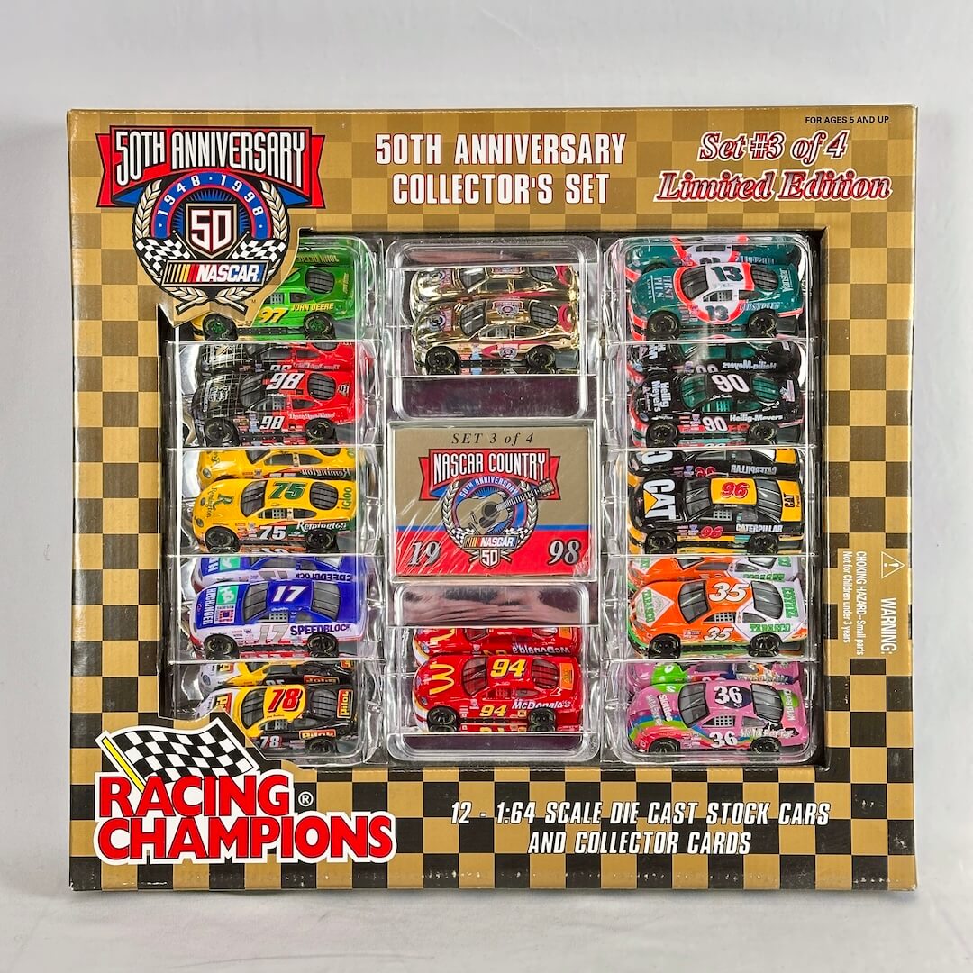 50th Anniversary of NASCAR Collector's set of diecast cars and collectible cards in gold and checkered box. 