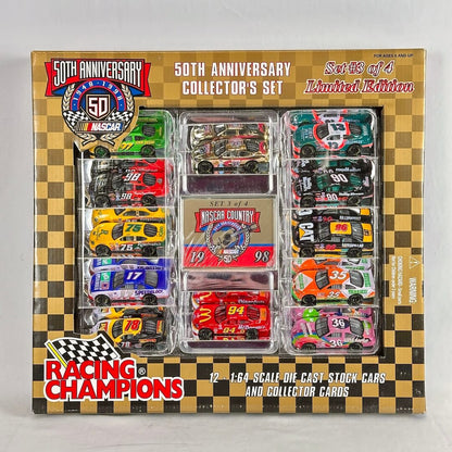 50th Anniversary of NASCAR Collector's set of diecast cars and collectible cards in gold and checkered box. 