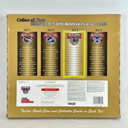 NASCAR 50th Anniversary collector car set box back, showing four panels detailing sets with product details at the bottom. 