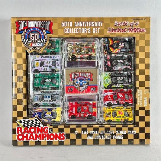 A boxed NASCAR 50th Anniversary Collector's Set containing 12 diecast stock cars and collector cards.