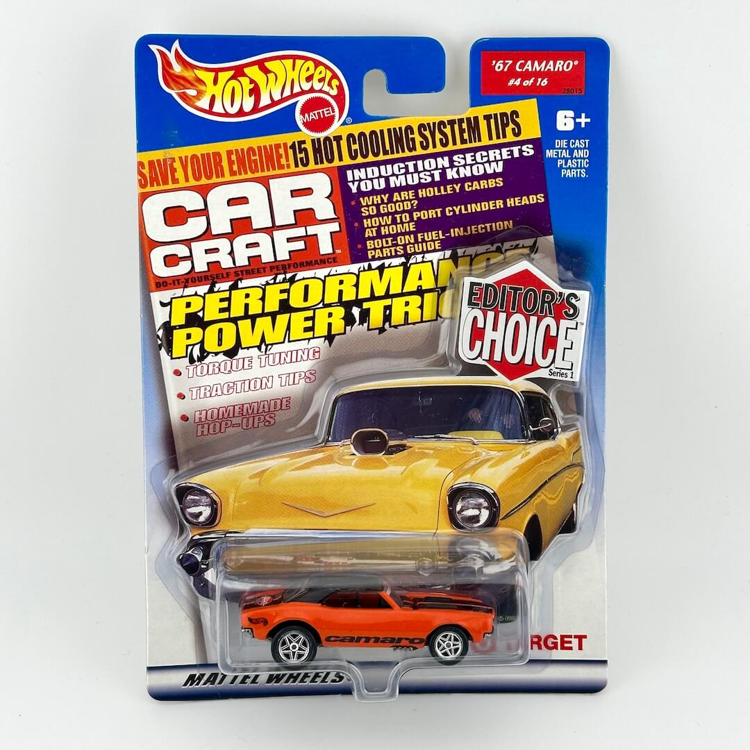 Hot Wheels Mattel Car Craft '67 Camaro carded packaging showing a small orange die-cast toy car.