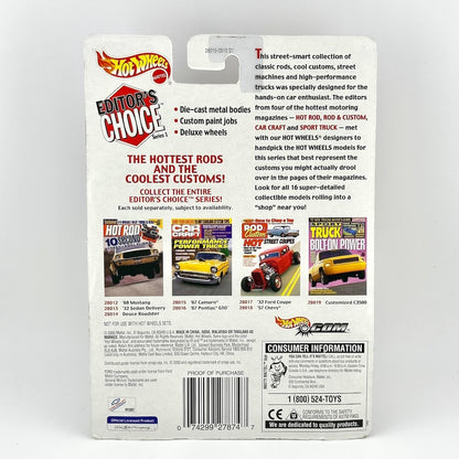 Back of a Hot Wheels Editor's Choice toy packaging card, showing product details, magazine cover previews, & consumer info.