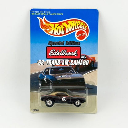 Hot Wheels Mattel Edelbrock '68 Trans-Am Camaro Special Edition die-cast toy car in its original blue blister card packaging.