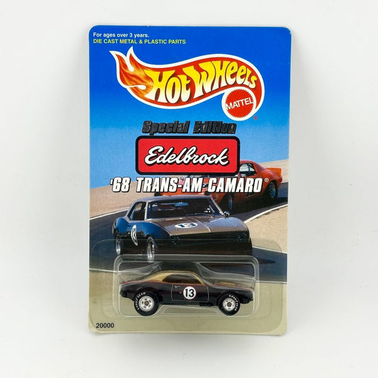Hot Wheels Mattel Edelbrock '68 Trans-Am Camaro Special Edition die-cast toy car in its original blue blister card packaging.