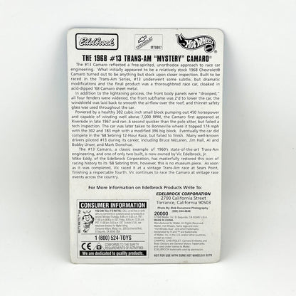 The back of a Hot Wheels Camaro packaging, featuring product specifications, & historical text.