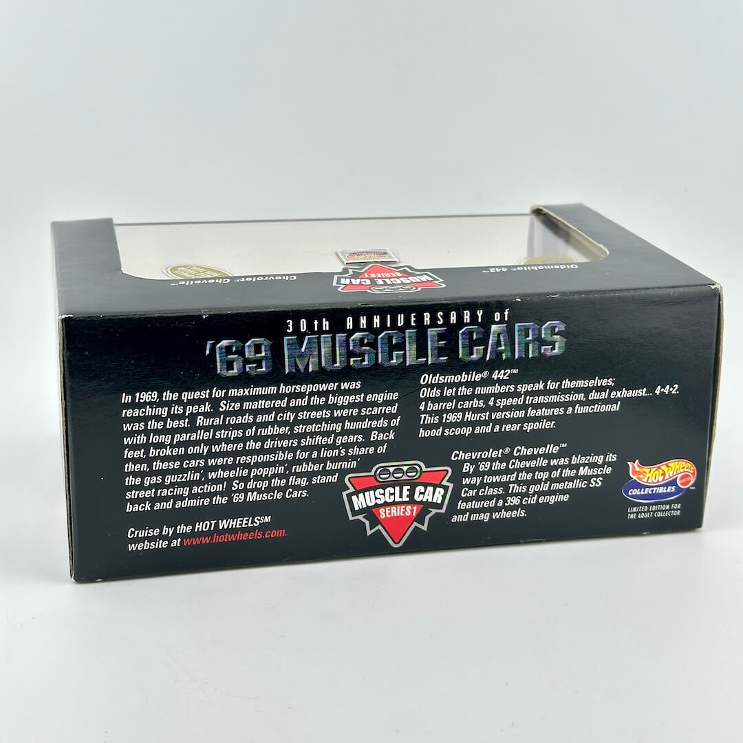 Hot Wheels Muscle Car Series 30th Anniversary of '69 Muscle Cars box, showing the back of the black packaging.