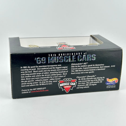 Hot Wheels Muscle Car Series 30th Anniversary of '69 Muscle Cars box, showing the back of the black packaging.