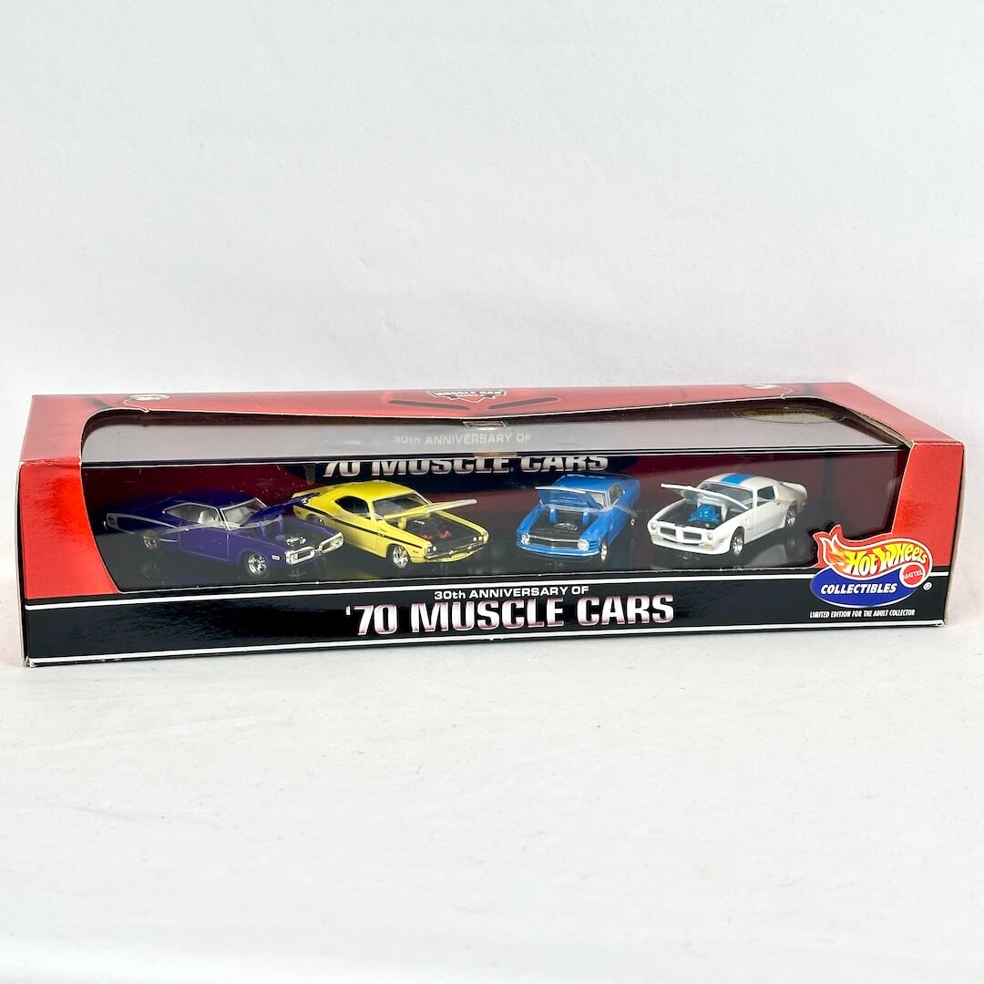 Hot Wheels Collectibles 325th Anniversary of '70 Muscle Cars die-cast toy set in its original window box packaging.