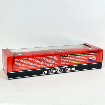 A red and black Hot Wheels '70 Muscle Cars 30th Anniversary collector's club display box with a clear plastic top window.