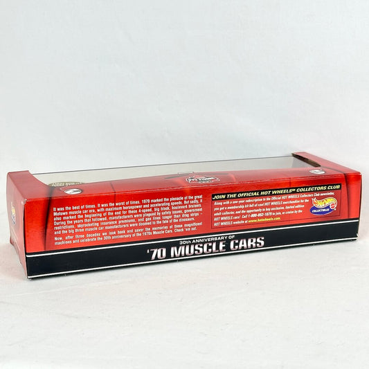 A red and black Hot Wheels '70 Muscle Cars 30th Anniversary collector's club display box with a clear plastic top window.