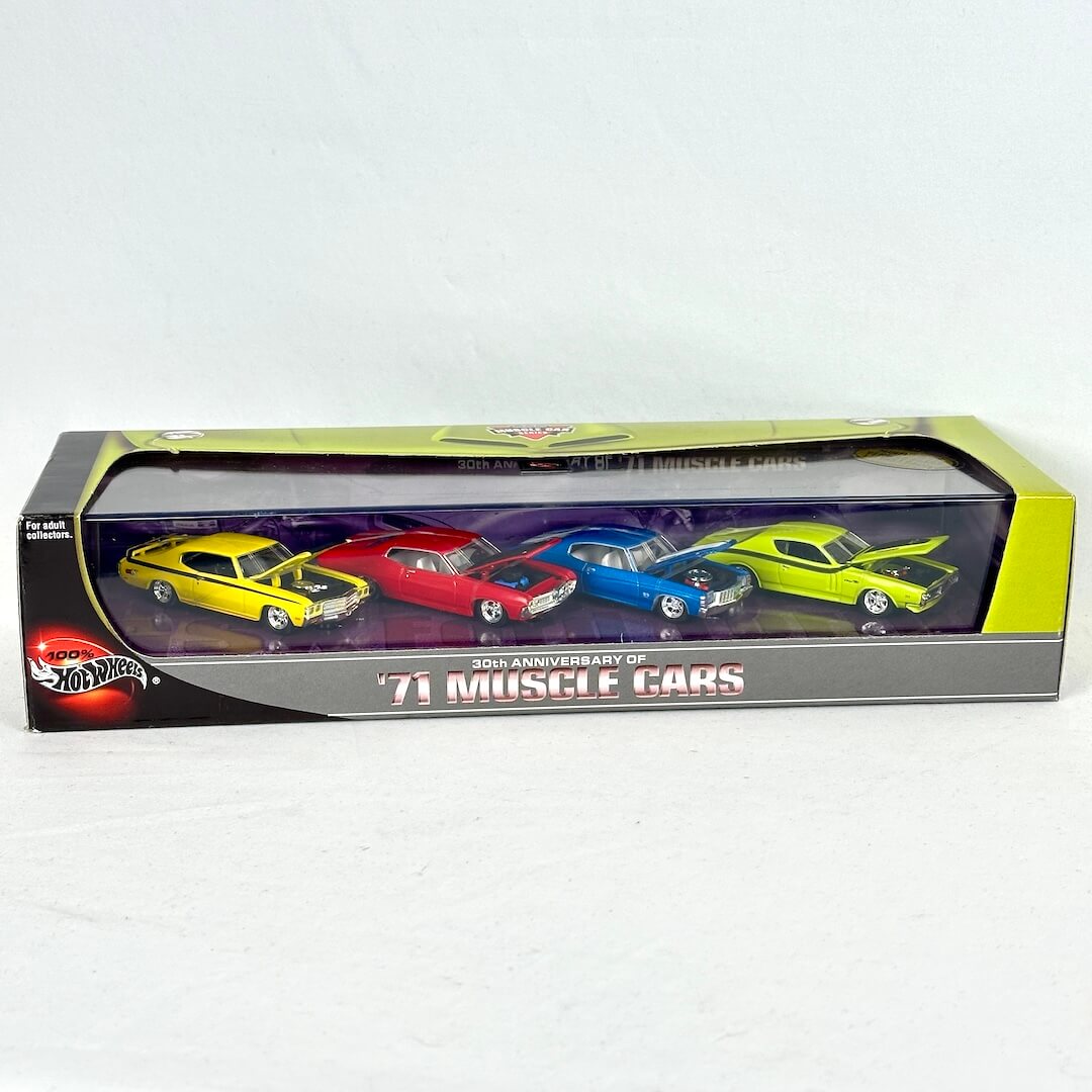 Hot Wheels 30th Anniversary of '71 Muscle Cars die-cast model cars in original window box packaging.