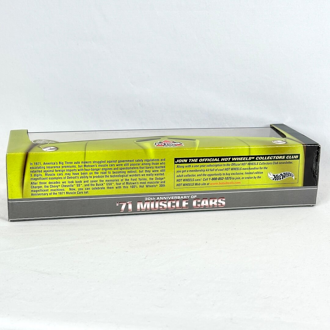Hot Wheels '71 Muscle Cars 30th Anniversary diecast car set packaging from the back, showing product description. 
