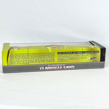 Hot Wheels '71 Muscle Cars 30th Anniversary diecast car set packaging from the back, showing product description. 