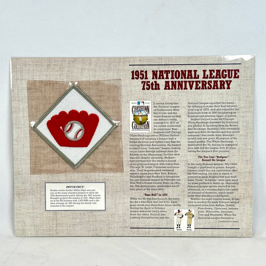 Memorabilia piece celebrating the 1951 National League 75th Anniversary with a red and white emblem on a beige background.