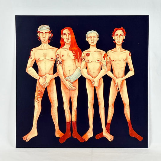 A square art print or painting depicting four stylized nude male figures standing against a dark navy background.