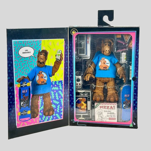 Toy figure of a character in a blue shirt with packaging on a white background