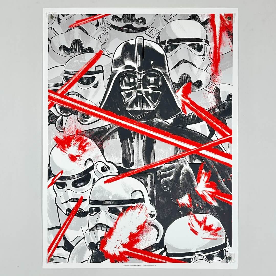 Artistic depiction of Darth Vader and stormtroopers with red accents on a gray background