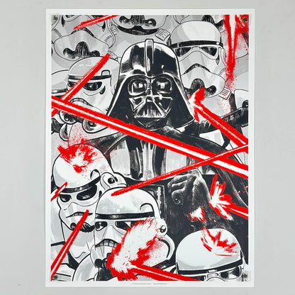 Artistic depiction of Darth Vader and stormtroopers with red accents on a gray background