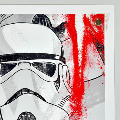 Stormtrooper helmet with red and black abstract design on a white background