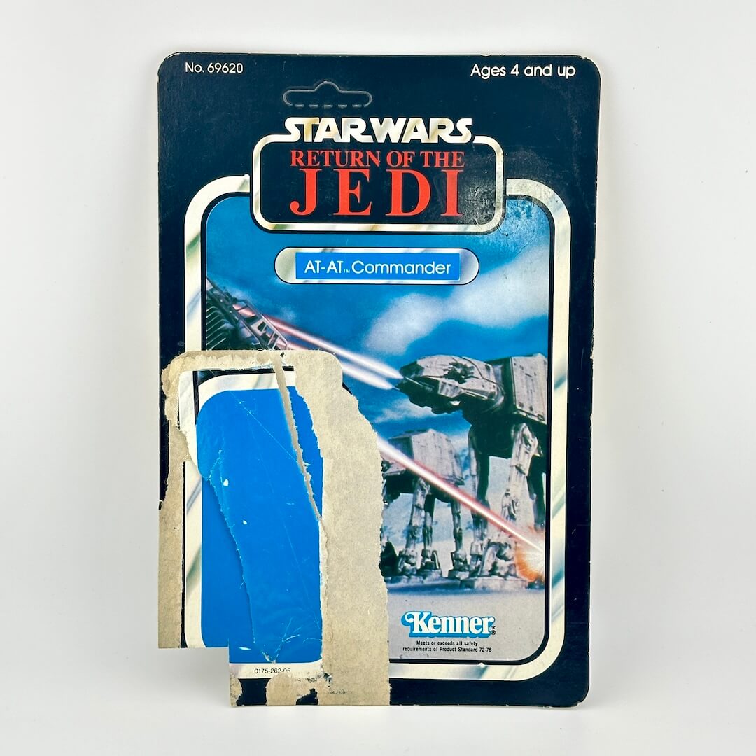 Vintage 'Star Wars' AT-AT Commander toy packaging with 'Return of the Jedi' branding on a white background.