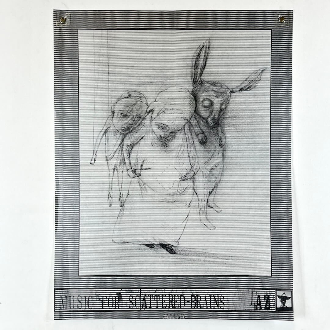 Black and white illustration of a woman with a donkey on her back, with text at the bottom.