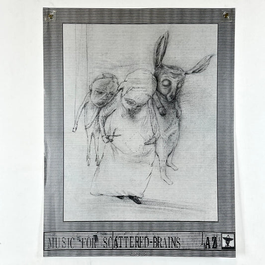 Black and white illustration of a woman with a donkey on her back, with text at the bottom.