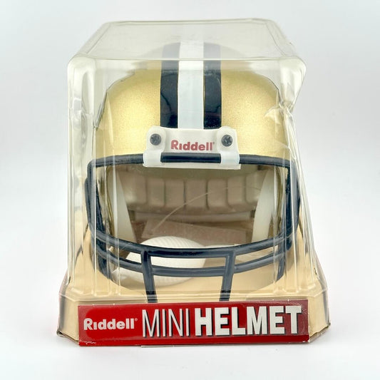 Riddell mini football helmet in clear packaging on a white background