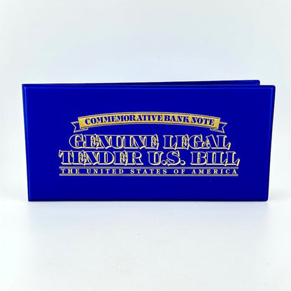 Blue holder with gold text for U.S. currency on a white background